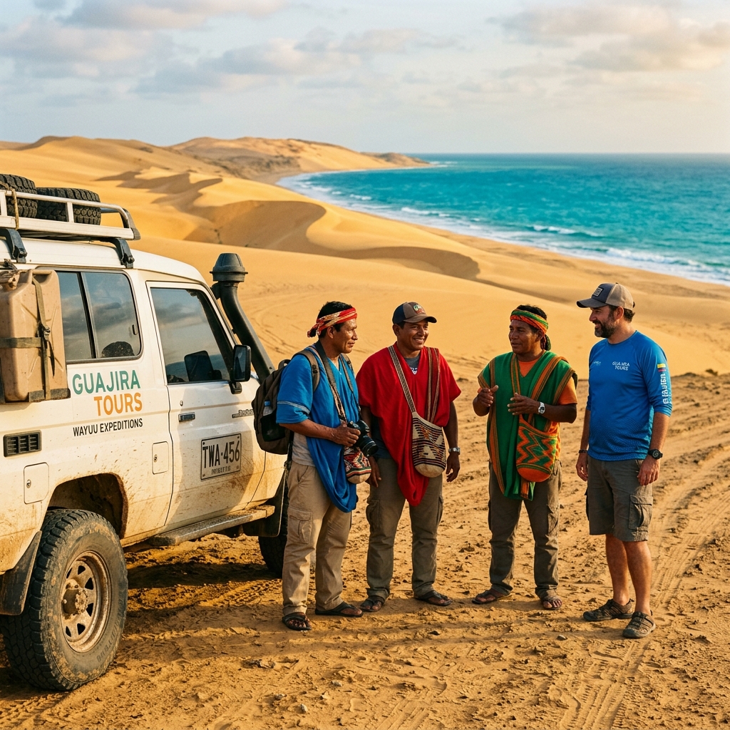 Equipo de guías Wayuú y vehículos 4x4 de Punta Gallinas Tours en el desierto de La Guajira