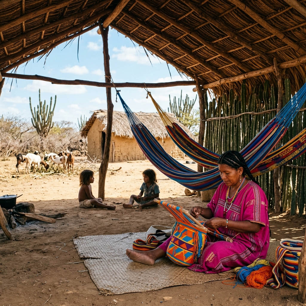 Mujer Wayuú tejiendo una mochila en una ranchería tradicional de La Guajira